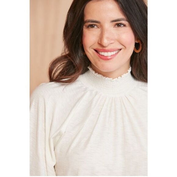 Nation LTD Melanie Smocked Mock Neck Top XS Off White Long Sleeve Pima Cotton - Picture 3 of 10